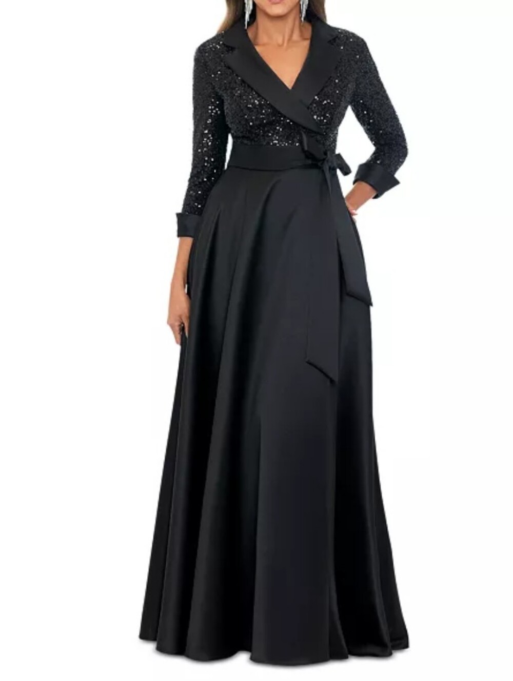 XSCAPE Women's Sequined Tuxedo Belted Ball Gown